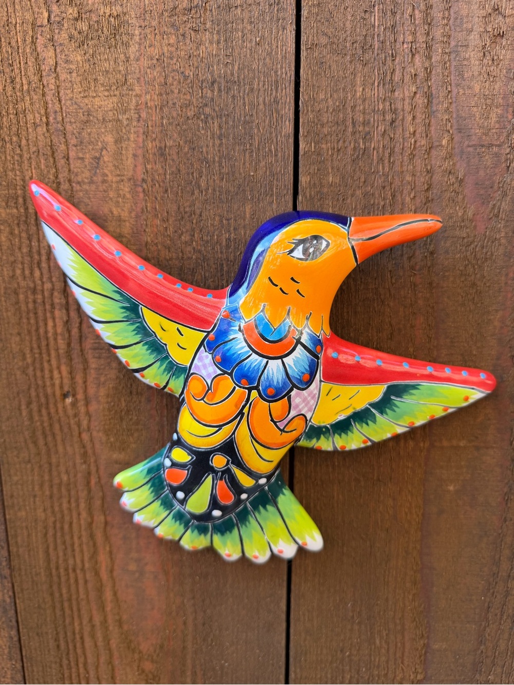 Hand-Painted Talavera Hummingbird Wall Décor - Vibrant Orange and Multicolor